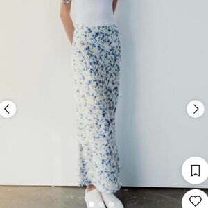 Zara Floral Satin Maxi Skirt in White and Blue